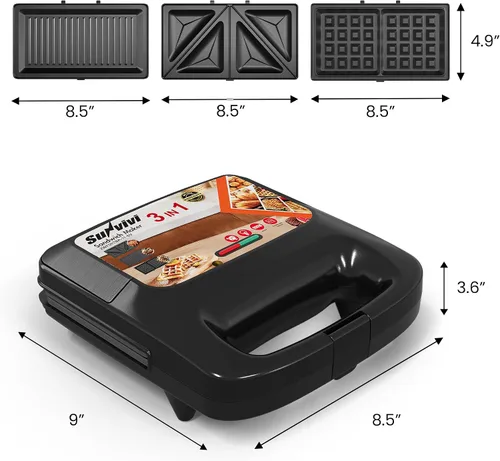 Vista 5 de Máquina 3 en 1 para Gofres, Parrilla y Sándwiches, Sandwichera Prensa Panini Plancha de Gofres con Placas Antiadherentes Extraíbles y Luces