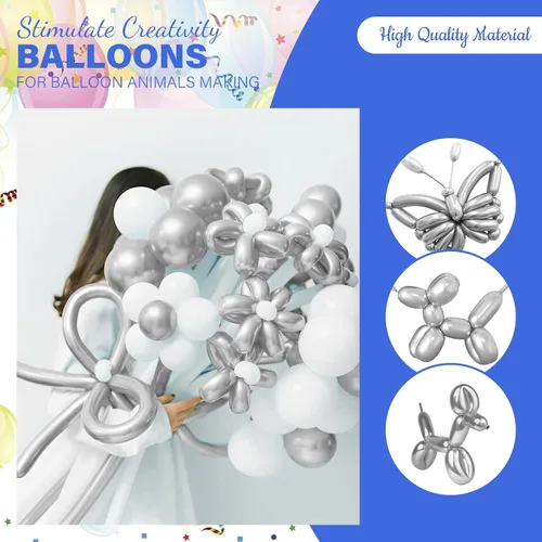 Vista 3 de 200 globos de 260 globos torcidos de 260 qt largos para globos, animales, bodas, cumpleaños, decoración de fiesta de Navidad (plateado)
