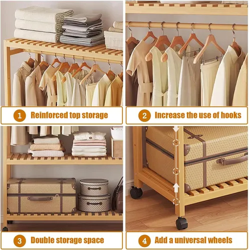 Vista 4 de 3-Tier Bamboo Clothes Rack - Stylish Garment Stand with Open Wardrobe Design & Storage Shelves for Bedroom, Living Room, Entryway - Space-Saving