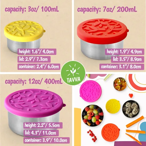 Vista 4 de TAVVA Recipientes de acero inoxidable para niños [12 onzas/7 onzas/3 onzas] – A prueba de fugas con tapas de silicona, lonchera para niños, lonchera
