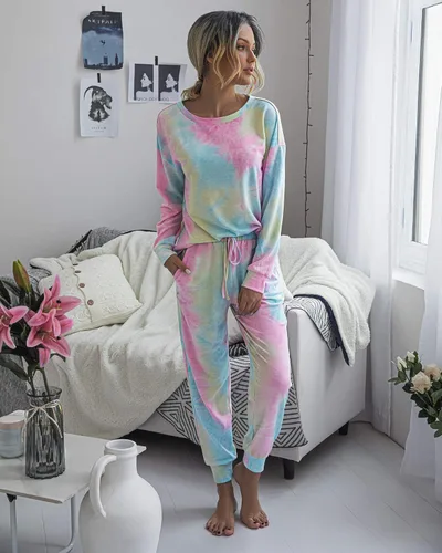 Vista 65 de Prettygarden - Conjunto de pijama de dos piezas para mujer, diseño de teñido anudado, sudadera informal de manga larga con pantalones largos, ropa