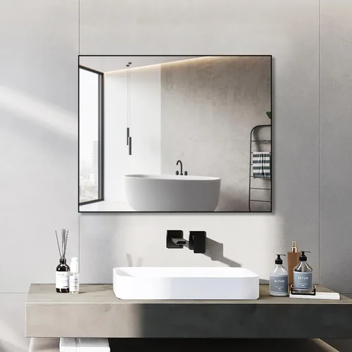 Vista 21 de Espejo de pared con estante para baño, 28 x 18 pulgadas, marco negro, espejos de pared para colgar horizontal o vertical, espejos modernos de pared