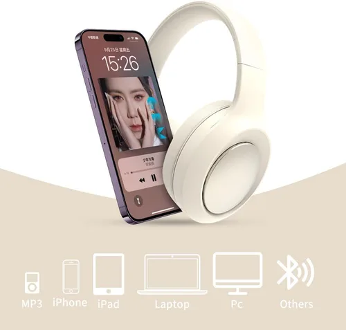Vista 6 de Bingozones Auriculares inalámbricos con cancelación de ruido beige, Bluetooth sobre la oreja, auriculares inalámbricos con micrófono, tiempo