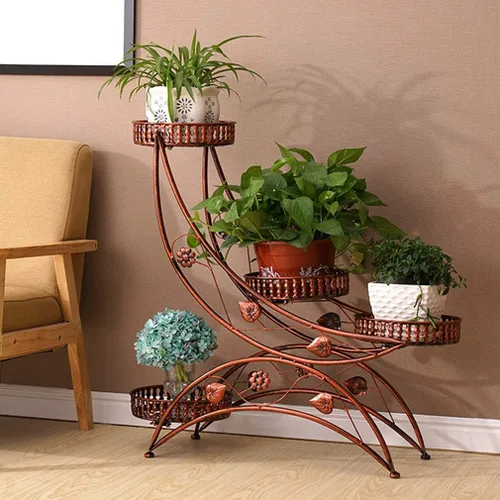 Vista 8 de Soporte de flores de hierro forjado interior,Soporte para macetas de pie en el piso,Soporte para plantas escalonadas para sala de estar, balcón rojo
