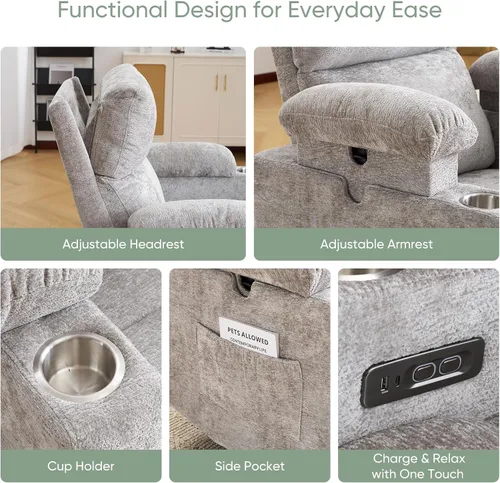 Vista 9 de Glider - Silla reclinable para guardería con reposabrazos ajustables, mecedora con masaje y calor, mecedora giratoria con reposacabezas ajustable