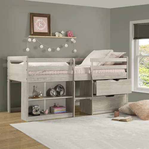 Vista 5 de Donco Kids Cama tipo loft baja individual con estantería y baúl de almacenamiento, individual, gris claro rústico