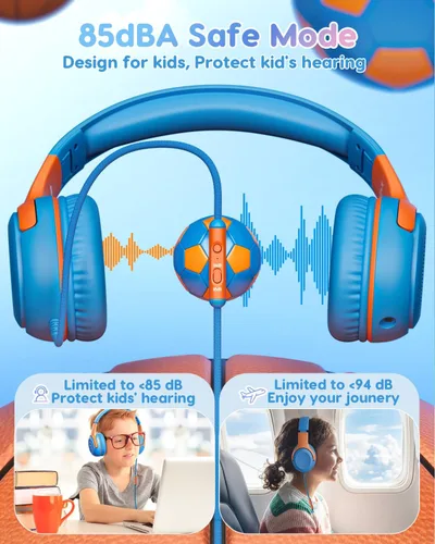 Vista 2 de awatrue AT2 - Auriculares para niños con micrófono, límite de volumen BlueOrange - Paquete de 1