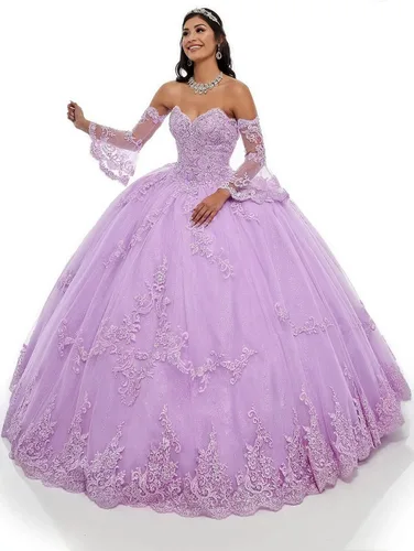 Vista 4 de Sukleet Vestidos de quinceañera de manga larga de tul hinchado, vestido de baile de graduación, dulce 15 16 vestidos