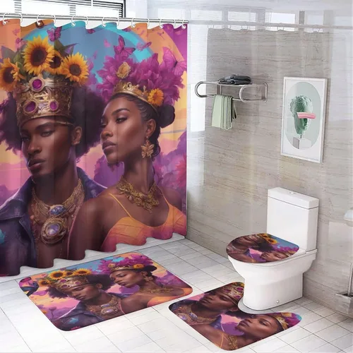 Vista 2 de Juego de 3 alfombras y tapetes de baño, diseño de amor romántico afro, negro, King, Queen, antideslizante, American Couplebut, lavable a máquina