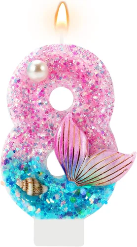 Vista 24 de Velas de cumpleaños, velas rosas y moradas del número 0 decoradas con caracolas, estrellas de mar y perlas para fiesta temática de sirena Morado