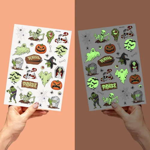 Vista 4 de xo, Fetti Tatuajes temporales de Halloween para niños, 40 estilos de tatuajes que brillan en la oscuridad, decoraciones de Halloween, esqueletos