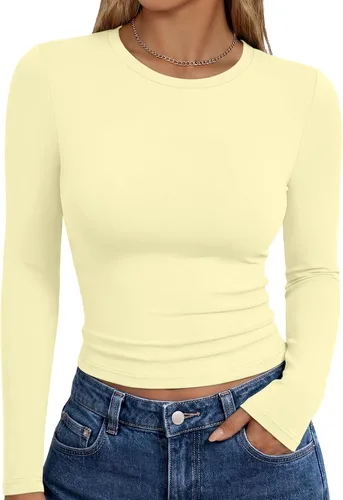 Vista 14 de Trendy Queen Camisetas de manga larga para mujer, camisetas básicas de Verde militar