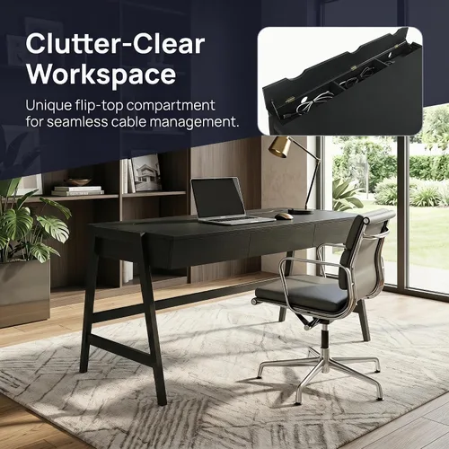 Vista 7 de HNY Escritorio de madera negra de 59 pulgadas con 3 cajones, mesa de estudio de computadora con parte superior de MDF, patas de madera maciza