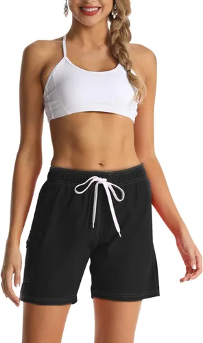 Vista 2 de Rocorose - Shorts de playa para mujer, secado rápido, con cordón, para deportes de verano, con bolsillo, para natación