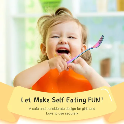 Vista 7 de Minatee Juego de cubiertos de 6 tenedores de arco iris para niños pequeños, cubiertos pequeños de grado alimenticio, cubiertos de acero inoxidable