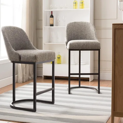 Vista 144 de Leick Home 214536 Barrelback Silla de comedor con base de metal, juego de 2, para comedor, asiento moderno de lino negro y base de metal dorado