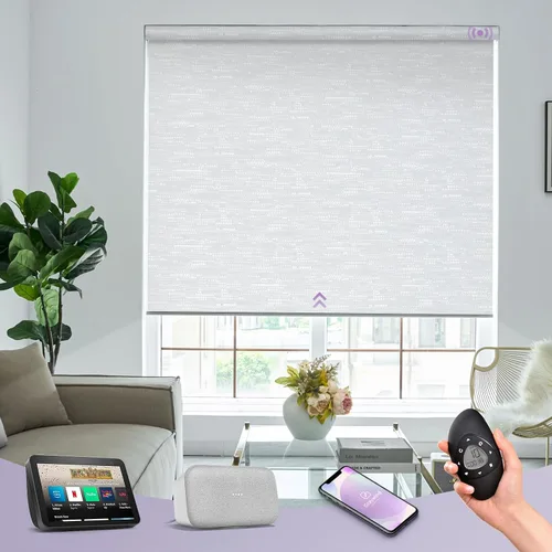 Vista 17 de Graywind Persianas enrollables motorizadas 100% opacas compatibles con Alexa Google, de vinilo, impermeables, inalámbricas, control remoto A-Beige