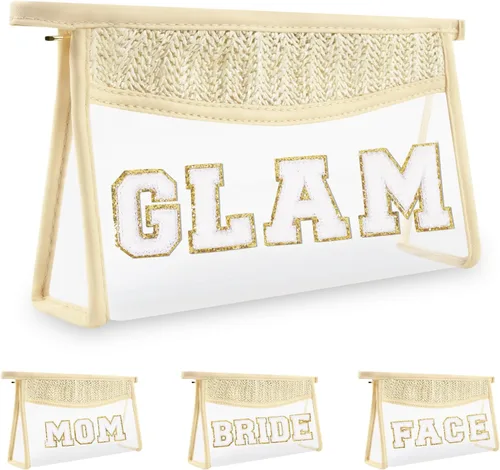 Vista 23 de Iqimott 2 bolsas de maquillaje con parches transparentes, bolsa de letras boho para nadar en la playa, bolsas de maquillaje impermeables