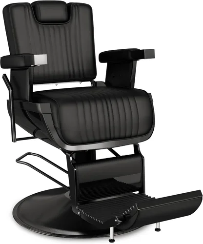 Vista 14 de Silla reclinable de barbero Baasha negra con ribete dorado en los reposabrazos, cómodo cojín de espuma viscoelástica, reposacabezas ajustable, base