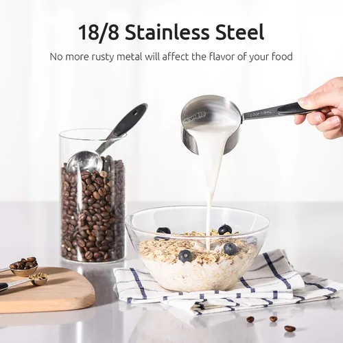 Vista 4 de U-Taste Juego de tazas y cucharas medidoras de acero inoxidable 18/8 y juego de pinzas de cocina de alta resistencia al calor de 600ºF (negro)