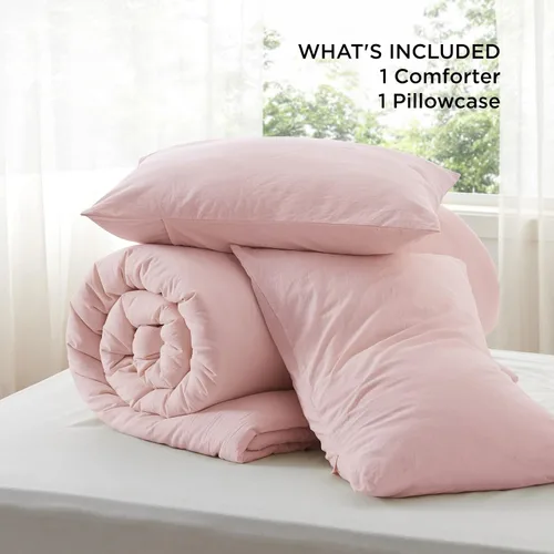 Vista 6 de Bedsure Juego de edredón de tamaño matrimonial, tela de algodón con relleno interior de microfibra, juego de cama suave PureWoven rosa claro