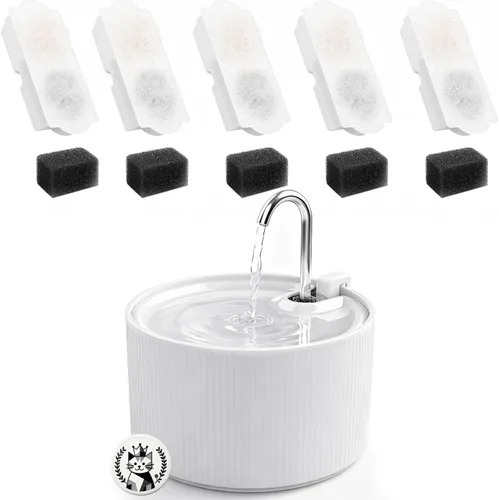Vista 7 de Fuente de agua de cerámica para gatos, fuentes para gatos de 2.2 L/74 onzas para beber en interiores, fuente de agua para mascotas con bomba ultra