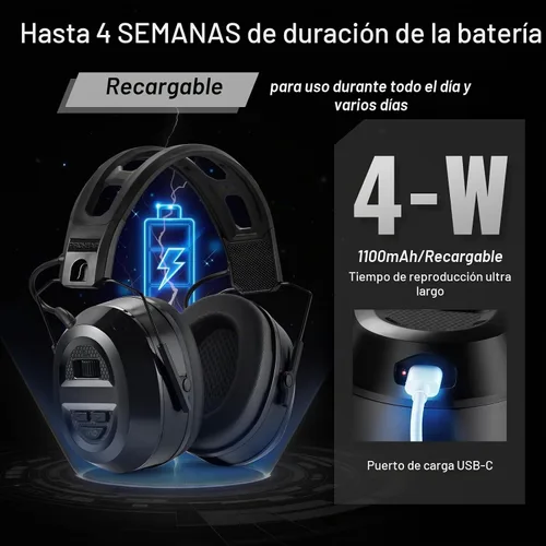 Vista 6 de PROHEAR 039 Bluetooth 6.0 Hi-Fi Hearing Protection Earmuffs 26dB NRR OSHA Approved, Rechargeable Battery, 4 Weeks Runtime, Noise Reduction for