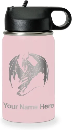 Vista 78 de LaserGram Botella de agua con tapa abatible de doble pared de 12 onzas con pajilla, dragón, grabado personalizado incluido (negro)