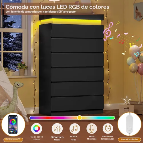 Vista 3 de HAUOMS Cómoda alta de 6 cajones con luz LED, cómoda moderna negra para dormitorio, armarios con cajones para sala de estar, entrada, pasillo