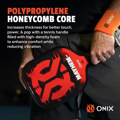 Vista 5 de Onix Mayhem Patented ThermoFused Technology Carbon Fiber Power Frame Polypropylene Honeycomb Core Performance Power and Control Pickleball Paddle
