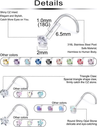 Vista 2 de Piercing para la nariz de 20/0.63 oz, rectos, L/sacacorchos, para la nariz, joyería para mujer, acero inoxidable quirúrgico hipoalergénico
