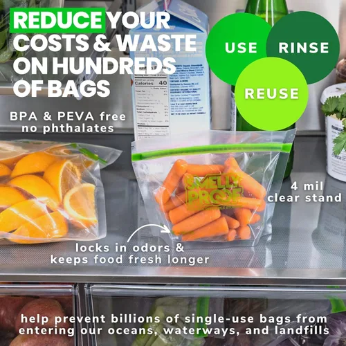 Vista 7 de Smelly Proof 50 bolsas reutilizables de almacenamiento de alimentos expandibles de pie y relleno, fabricadas en Estados Unidos, sin PEVA ni BPA