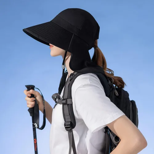 Vista 2 de HUAMULAN Sombrero de verano de ala ancha para mujer, agujero para cola de Bg8112-negro