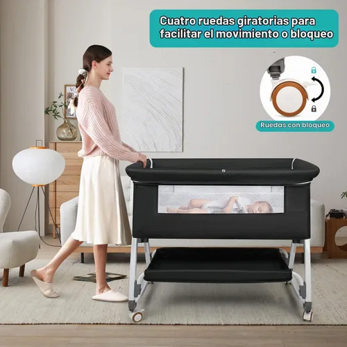 Vista 6 de VOOI Moisés para bebé junto a la cama, moisés mecedor 3 en 1 para bebé, moisés junto a la cama con ruedas, altura ajustable, cesta