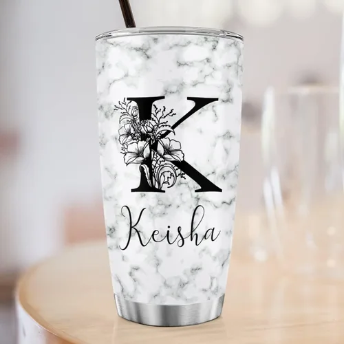 Vista 2 de Vaso de café de acero inoxidable personalizado con inicial y nombre, taza de café con monograma floral para niña, vaso de viaje de acero inoxidable