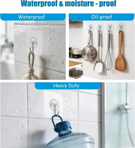 Vista 4 de Ganchos de pared de 33 libras (MÁX) autoadhesivos resistentes, 10 unidades, impermeables y a prueba de aceite, ganchos transparentes sin costuras