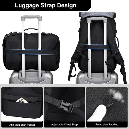 Vista 8 de PIJUSHI Mochila de viaje para mujeres y hombres, mochila de equipaje de mano, aprobada por vuelo, bolsa de lona convertible para laptop de 16 Negro
