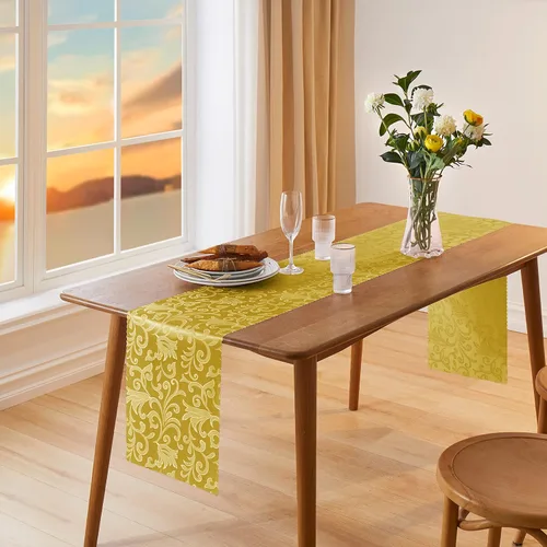 Vista 2 de Manyshofu 5 caminos de mesa de satén dorado – 12 x 108 pulgadas, decoración de damasco, impresión jacquard brillante y suave de boda para banquetes