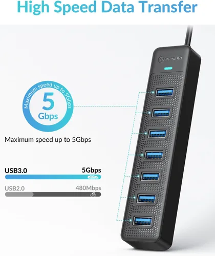 Vista 3 de PHIXERO Concentrador USB de 7 puertos, 3.3 pies/3.3 ft de largo Cable USB 3.0 Hub Hub Multi USB Hub Adaptador de Extensión USB Divisor USB Hub USB