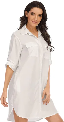 Vista 5 de LUSMAY Vestido casual de verano con cuello en V y botones para mujer de manga larga con bolsillo