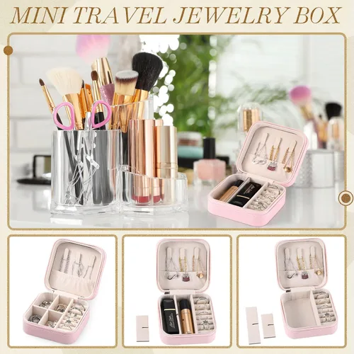 Vista 4 de Yinkin 12 piezas de mini joyero de viaje para dama de honor, organizador de aretes de piel sintética, accesorios de viaje a granel, soporte portátil