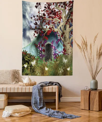Vista 19 de Ambesonne Tapiz bohemio, diseño floral de bruja, luna y mariposa con adornos de mandala, decoración de tela para colgar en la pared para dormitorio
