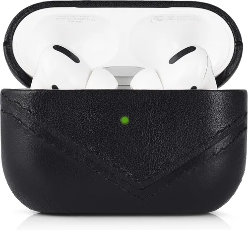 Vista 2 de Funda de cuero premium compatible con Apple AirPods Pro 2, carga inalámbrica, diseño de dos piezas (negro)