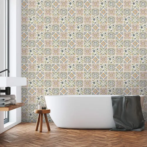 Vista 7 de Wudnaye Papel tapiz bohemio para despegar y pegar, papel de contacto de azulejos de imitación de 17 x 118 pulgadas, patrón de azulejos, extraíble