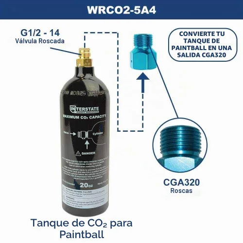 Vista 7 de Interstate Pneumatics, WRCO2-5A4, Adaptador CGA 320 para tanque de CO2 para Paintball