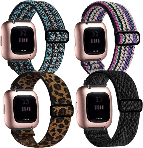 Vista 8 de Paquete de 4 bandas elásticas compatibles con pulseras Fitbit Versa y Versa 2, correas de repuesto elásticas ajustables de nailon suave para mujeres