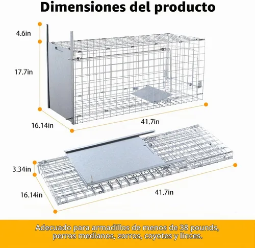 Vista 2 de Timaze 42" Large Foldable Humane Live Animal Trap Cage Jaula plegable resistente para trampa de animales, adecuada para perros, zorros y coyotes que