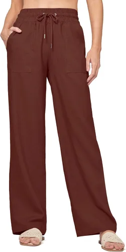 Vista 23 de Willit Pantalones de lino para mujer, pantalones palazzo de pierna ancha Khaki - Actualización