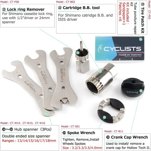Vista 7 de Kit de 23 piezas de herramientas para bicicleta - Juego de herramientas de reparación de bicicletas compatible - Juego de herramientas