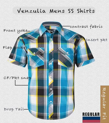 Vista 3 de Camisa casual para hombre estilo western con botones, de manga corta, dos bolsillos